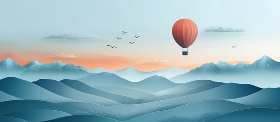 Fototapeta premium Serene Hot Air Balloon Ride Over Majestic Mountain Landscape at Sunrise with Birds Flying in the Sky