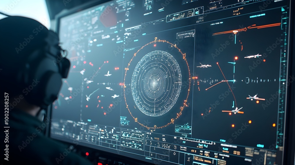 Poster Radar Screen Showcasing Air Defense Monitoring System with Multiple Aircraft Paths and Trajectories Visible