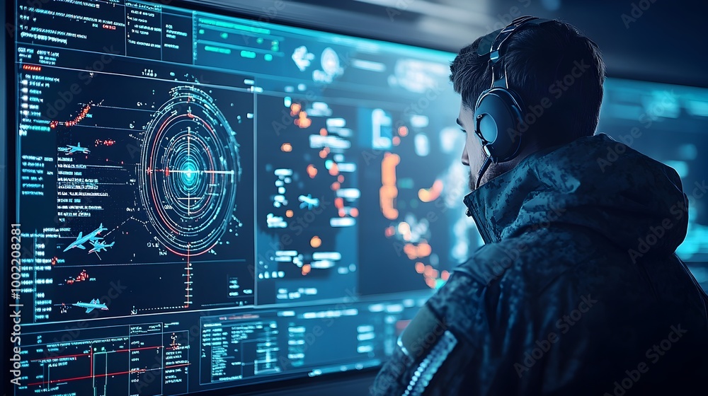 Fototapete radar screen displaying real time air defense monitoring with multiple aircraft paths and trajectori