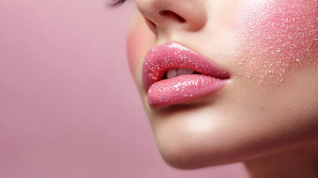 Close-up of a glamorous lip with shimmering gloss and a blush touch, ideal for beauty and makeup themes.