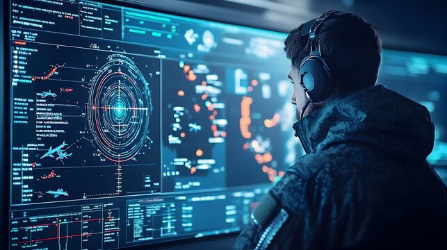Radar Screen Displaying Real Time Air Defense Monitoring with Multiple Aircraft Paths and Trajectories  Comprehensive Aerospace Surveillance and Tracking Technology for Military Security
