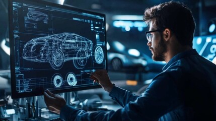 A Man Designs A Car On A Computer Screen