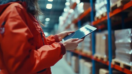 A close-up of a worker using a tablet to manage inventory in a warehouse