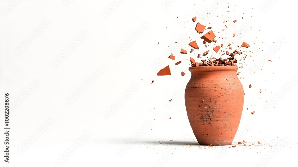 Poster shattered ceramic vase with sharp jagged pieces scattered around on an isolated white background con