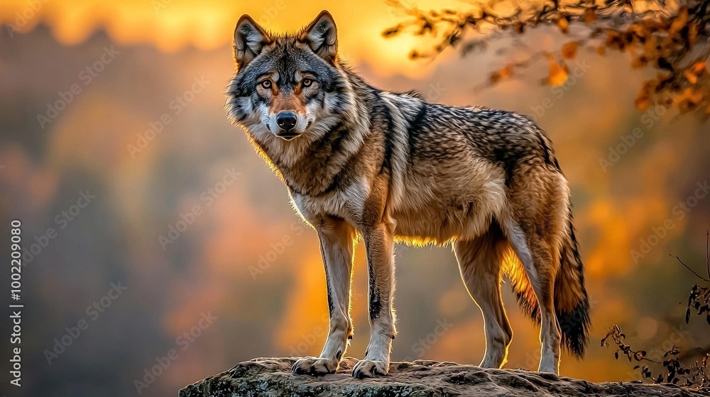 Poster   Wolf on rock, yellow-orange sky, trees behind