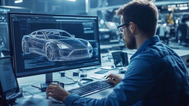 Automotive Engineer Designing a Car with CAD Software
