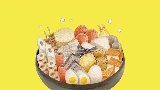 おでん 鍋　水彩 イラスト　ループ 動画