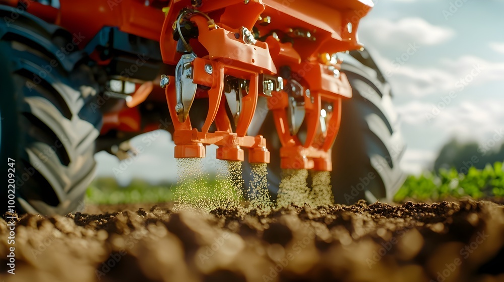 Poster shot of a precision planter machine methodically depositing seeds in perfectly aligned rows across an expansive agricultural field