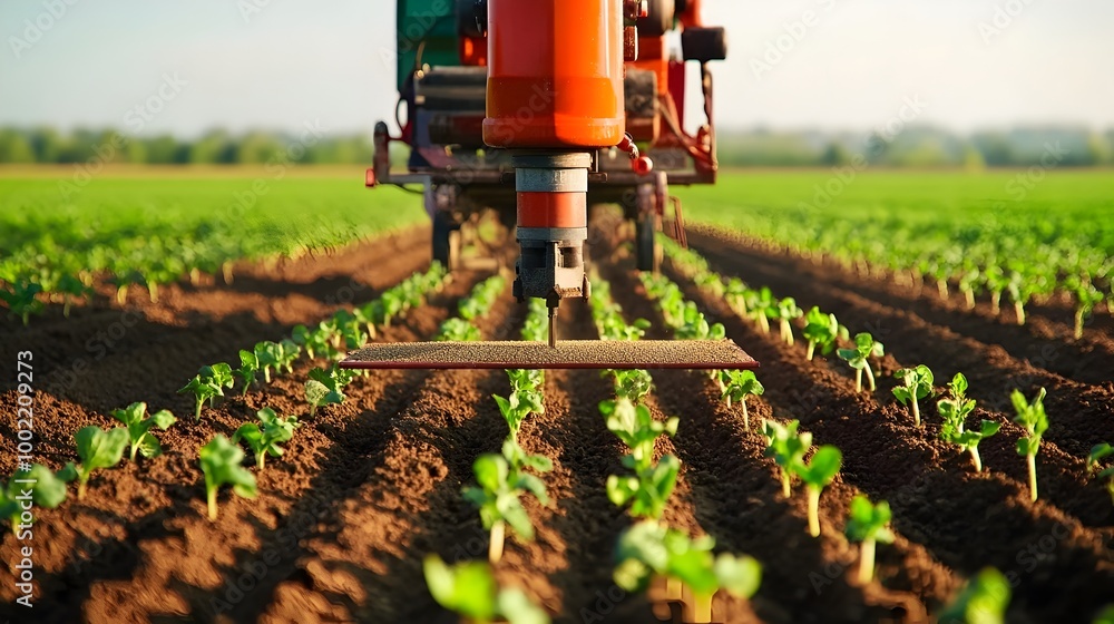 Aufkleber shot of an agricultural seed drill precisely placing seeds into neatly tilled parallel rows of ferti