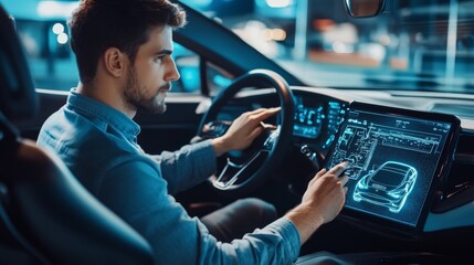 Man Interacting with Digital Interface in a Modern Car - Powered by Adobe