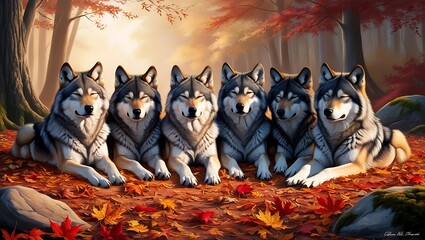 Capture the tranquil essence of autumn with this stunning image of a small pack of wolves resting amidst a blanket of vibrant fall leaves. 