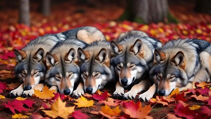 Capture the tranquil essence of autumn with this stunning image of a small pack of wolves resting amidst a blanket of vibrant fall leaves. 