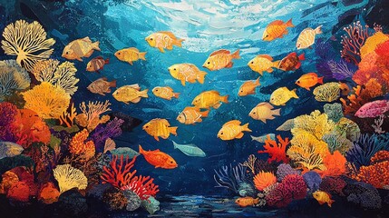   A painting of a school of colorful fish swimming gracefully in a vast, azure ocean, surrounded by vibrant coral reefs and swaying seaweed