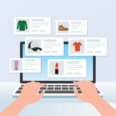 Man typing on the laptop shopping online. Online shopping concept. Vector illustration
