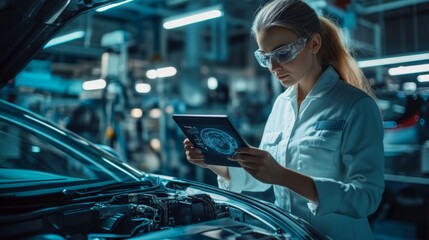 Female Technician Examining Car Engine with Digital Tablet
