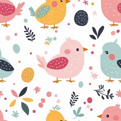 Colorful cartoon birds with hearts and leaves in a playful pattern on a white background