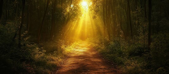 Obraz premium Sunlight Filtering Through Dense Forest Trees Illuminating a Serene Pathway in the Woods