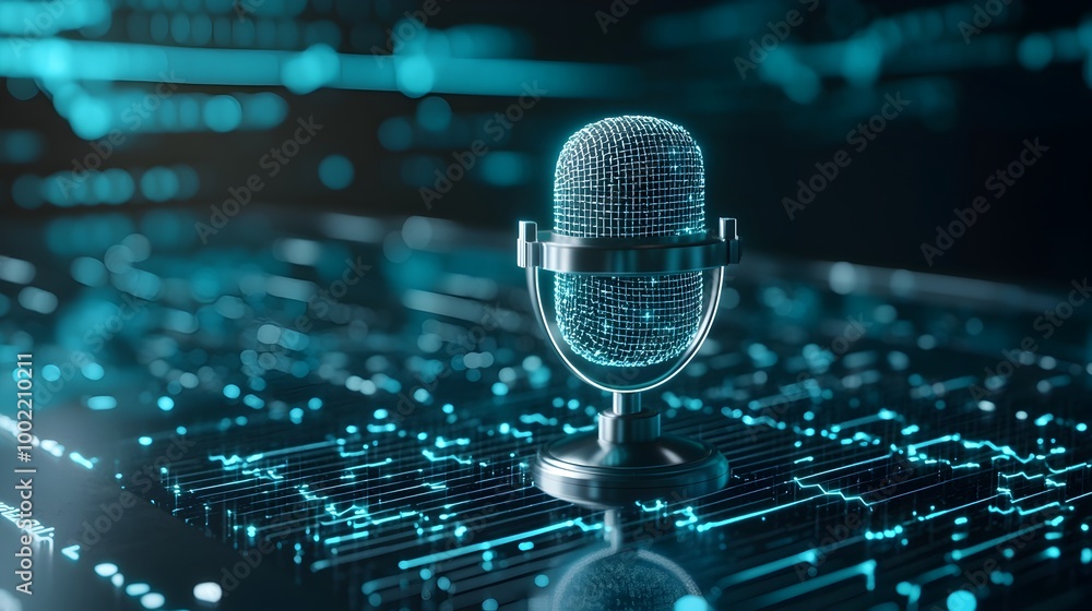 Poster sleek futuristic microphone surrounded by mesmerizing holographic sound waves against a metallic hig