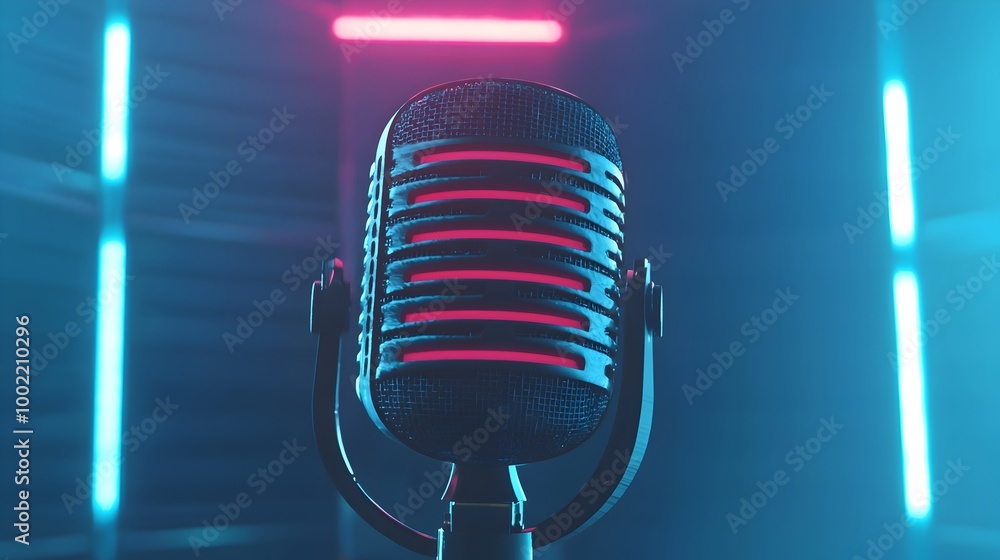 Poster Sleek modern microphone set against a mirrored surface reflecting futuristic neon lights in a minimalist high tech studio environment