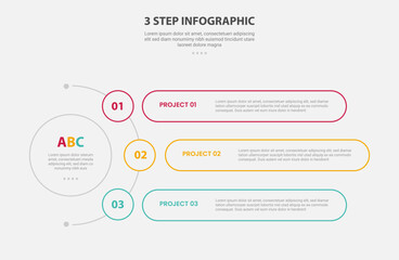 3 points template infographic outline style with 3 point stage or step template with circle center and half spreading with round rectangle container for slide presentation
