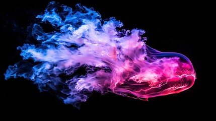   A detailed shot of a jellyfish in water with blue and pink smoke emanating from its rear