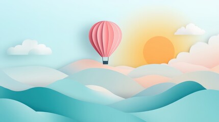 Obraz premium Colorful Hot Air Balloon Floating Over Abstract Pastel Landscape with Sunrise and Clouds