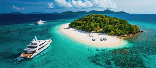 Luxurious Yachts Anchored Near a Tropical Island with Pristine White Sand Beach and Turquoise Waters
