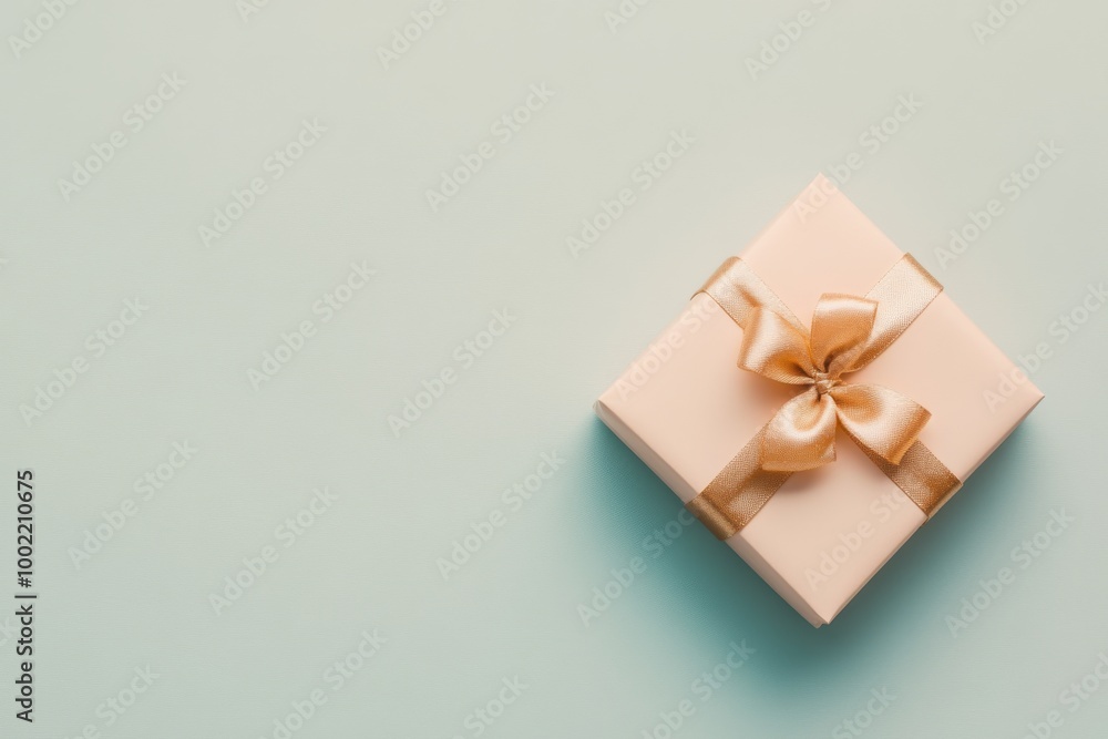 Wall mural Minimalistic flat lay of a pastel gift box with a gold ribbon on a neutral background