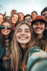 Obraz premium A diverse group of young friends smiling and taking a selfie, reflecting joy and togetherness on a sunny day.