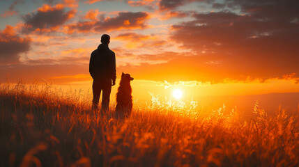 Fototapeta premium A family and their dog stand in a grassy field, silhouetted by a glowing sunset sky