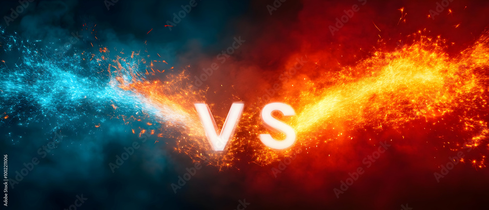 Poster dynamic clash of elements with vibrant blue and orange splashes representing a competition or rivalr