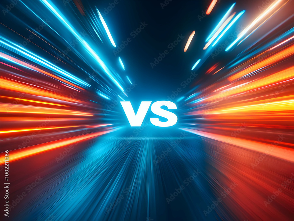 Poster dynamic lights in blue and orange create a vibrant background highlighting the concept of competitio