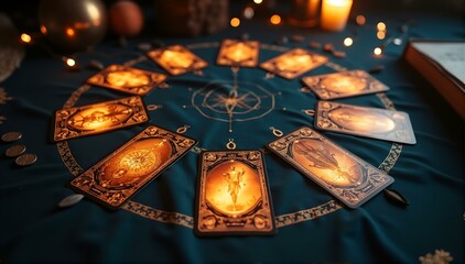 Intricate tarot card arrangement in a circular layout on a dark blue fabric with candles and mystical symbols