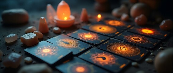 An elegant tarot reading setup with glowing cards, candles, and crystals on a dark textured surface creates a sophisticated and mystical ambiance ideal for divination and intuitive insights