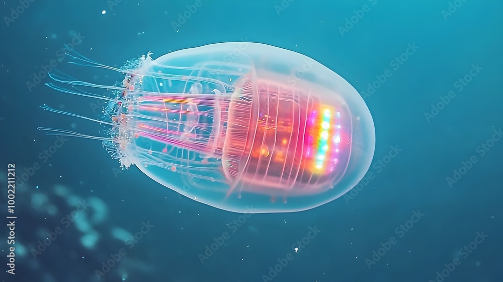Poster stunning close up of a comb jelly with its transparent iridescent body reflecting a myriad of rainbo