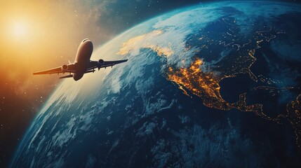 Obraz premium A plane flying over a globe, symbolizing the speed and efficiency of worldwide shipping.