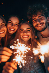 Four young friends, two men and two women, smile joyfully while holding sparklers at night, celebrating a festive occasion with bright, warm lights.