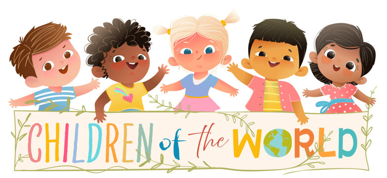 Multiracial diverce group of children, waving and greeting. Multicultural kids in line with banner sign, illustration for school or kindergarten design. Kids character cartoon vector isolated border