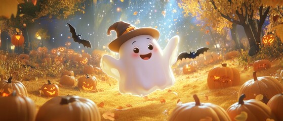 Obraz premium Create a cute Halloween animation featuring a playful ghost wearing a tiny hat, floating through a pumpkin-filled yard, playfully dodging friendly bats, and making silly faces under a bright