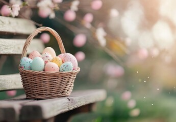 Spring flowers in a pastel basket beside colorful Easter eggs in a serene outdoor setting