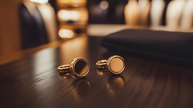 Elegant gold cufflinks resting on a wooden surface, perfect for adding sophistication to formal attire and accessories.