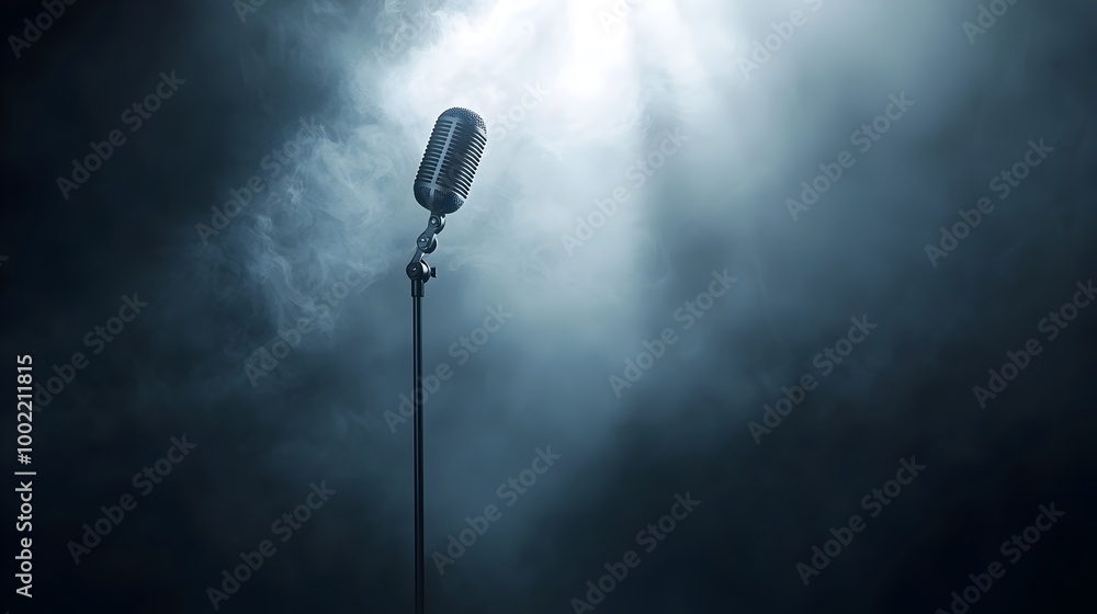 Aufkleber suspended microphone hanging from a thin wire in a dark and misty environment with beams of light sh