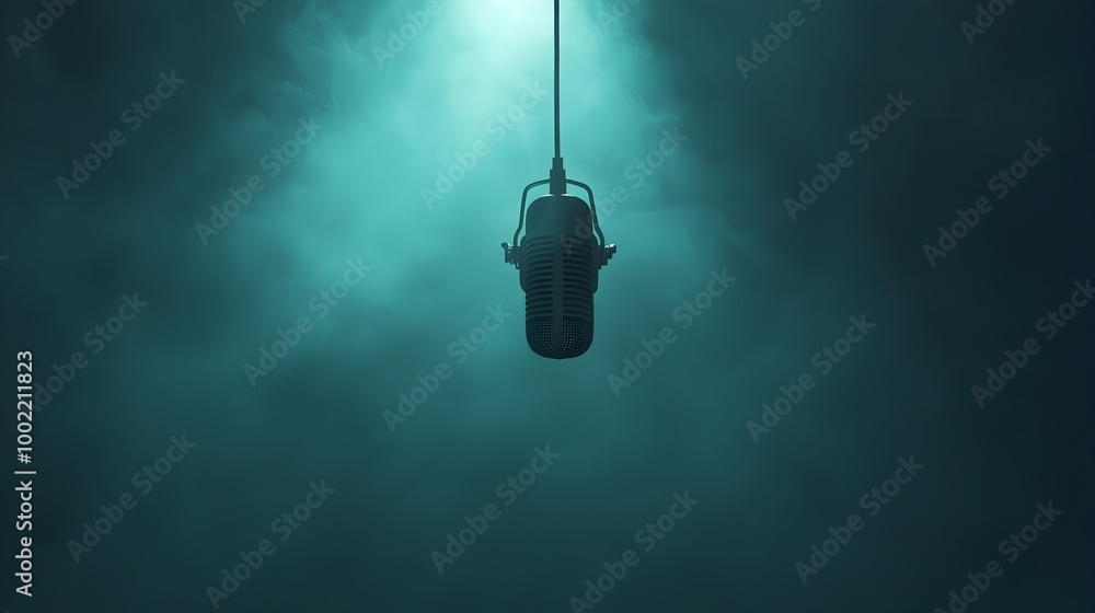 Poster Suspended microphone hanging by a thin wire in a dark misty atmosphere with beams of light shining through creating a captivating and atmospheric setting for audio production recording