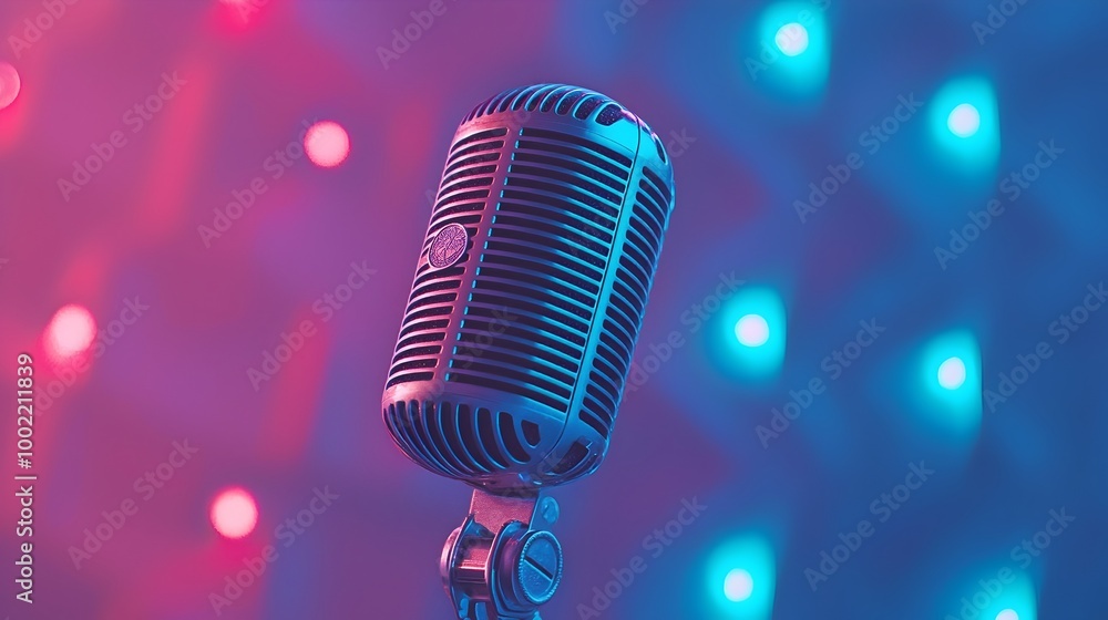 Poster suspended vintage microphone against a captivating abstract and colorful backdrop perfect for multim