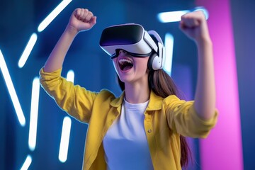 A young woman immersed in virtual reality gaming, raising her fists in excitement while wearing a VR headset in a neon-lit environment.
