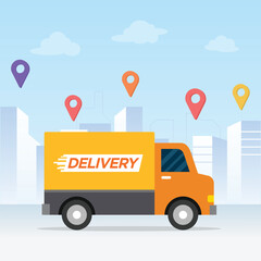 Delivery service truck on map.  Online app tracking, city background © Fauzan