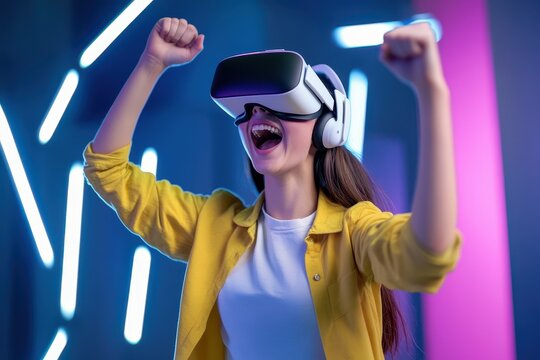 A young woman immersed in virtual reality gaming, raising her fists in excitement while wearing a VR headset in a neon-lit environment.