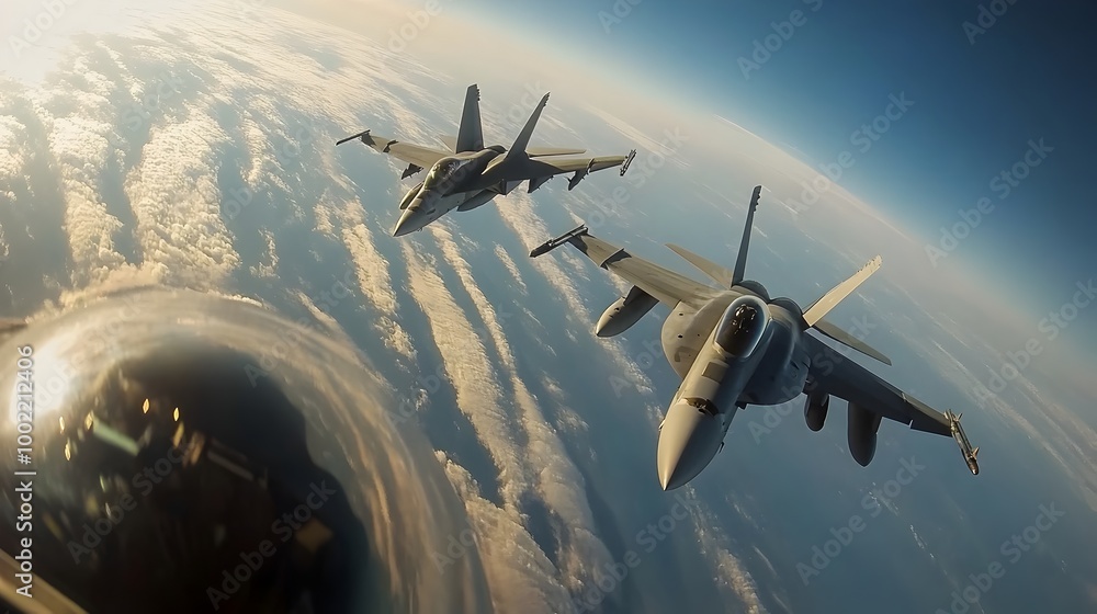 Poster Two high speed fighter jets crossing paths in the sky as the tilts upward capturing the intense and dramatic moment of their near collision during an aerial maneuver
