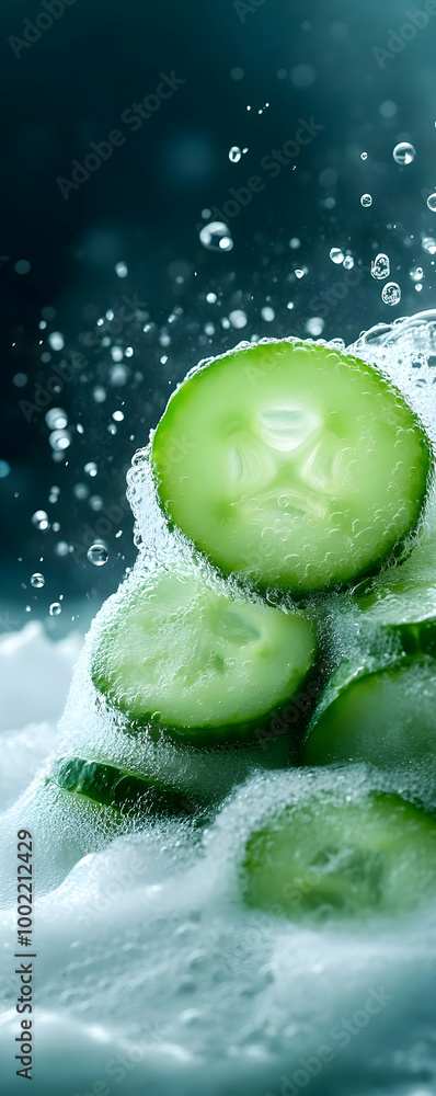 Poster fresh cucumber slices splashing in water, creating a refreshing and vibrant scene, perfect for food 