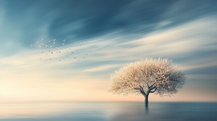 A solitary tree stands in calm waters as a flock of birds flies against a serene sky at dawn